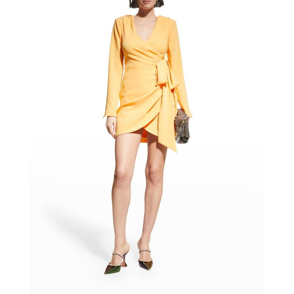 Cinq a Sept Womens Wrap Mini Dress Yellow Draped Side Tie Long Sleeve Size 0